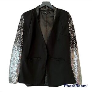 Haoduoyi Single Button Blazer with Ombre Sequin Sleeves & Faux Leather Collar SM